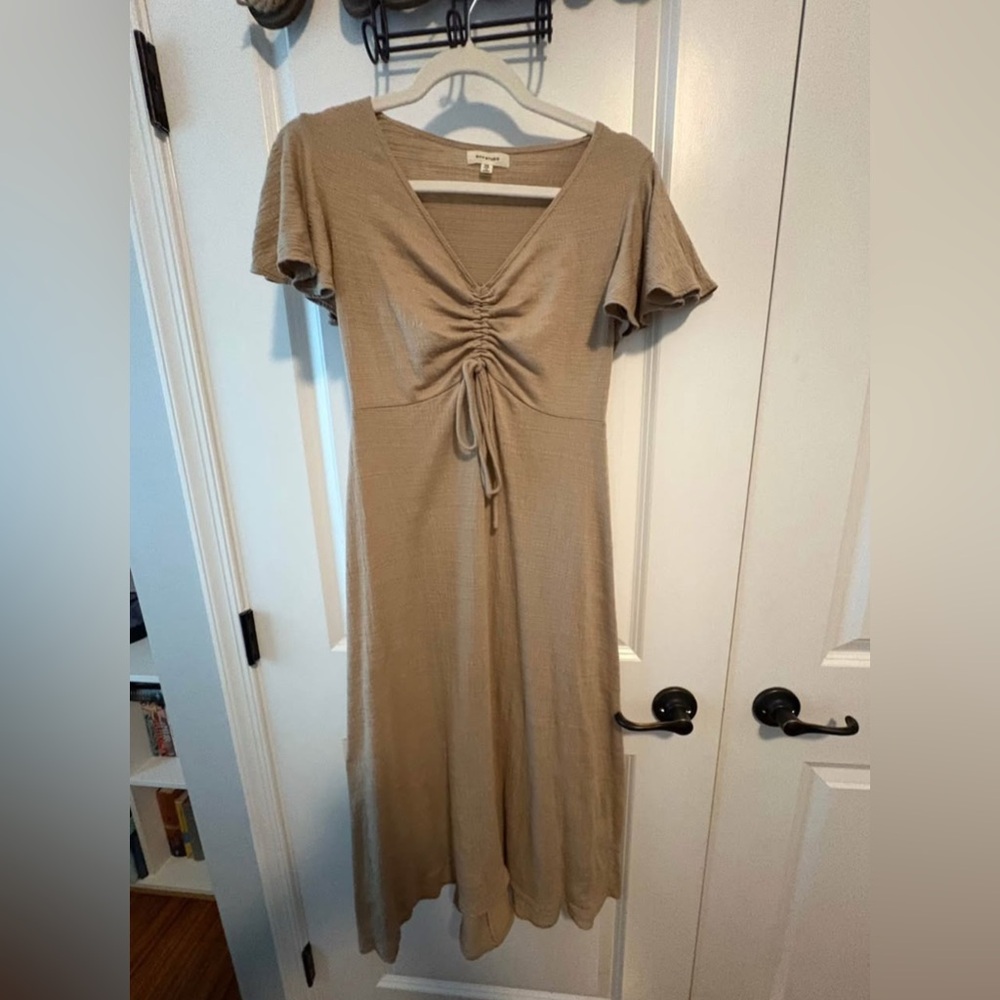 Max Studio Tan Ruched Tie Front Maxi Dress